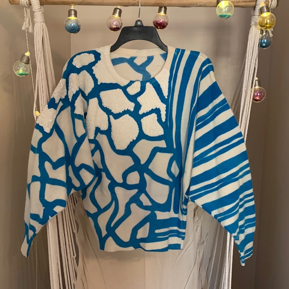 Vintage Sequin Angora Sweater Dolman Sleeve Women's 80s Sweaters Size M